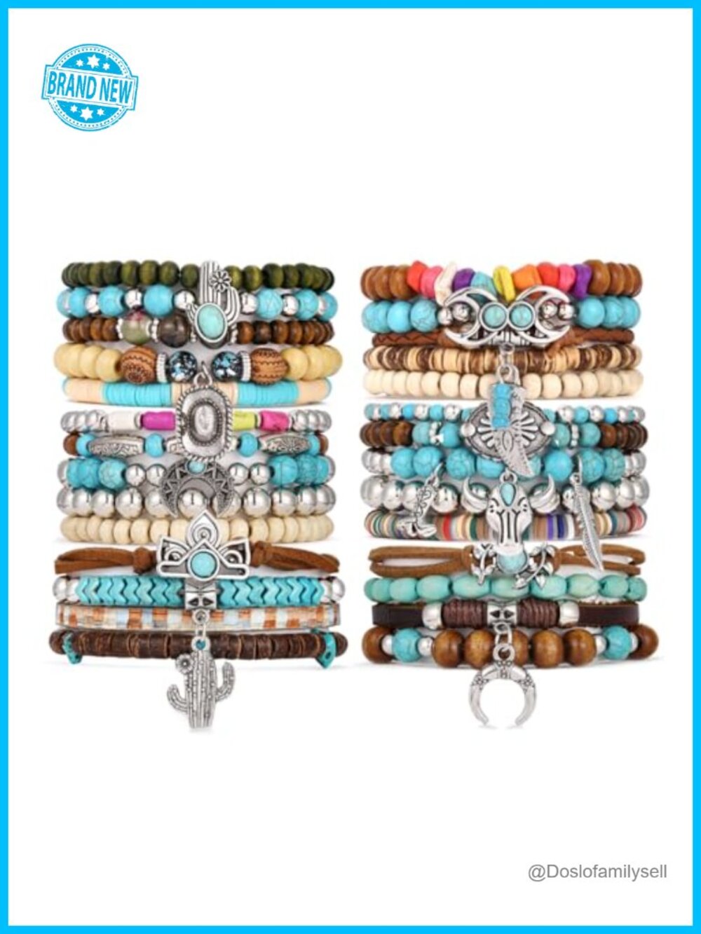 28PC Western Turquoise Beaded Stackable Bracelets Cowgirl Bohemian Stretch Charm